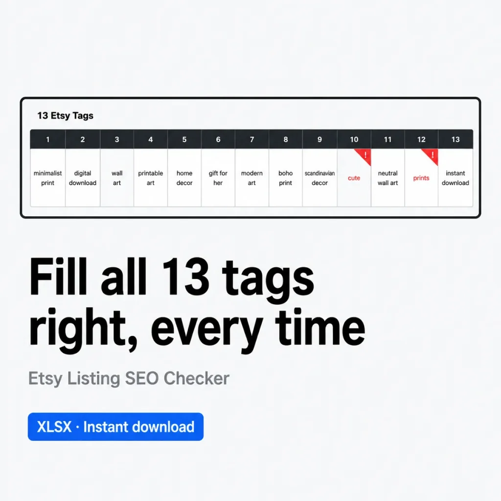 Etsy Listing SEO Checker – spreadsheet that checks all 13 Etsy tags before you list (XLSX)