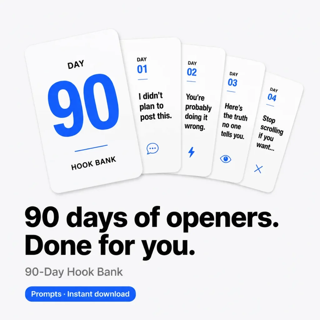 90-Day Hook Bank – 90 content openers and a calendar for Etsy and Shopify (Prompts)