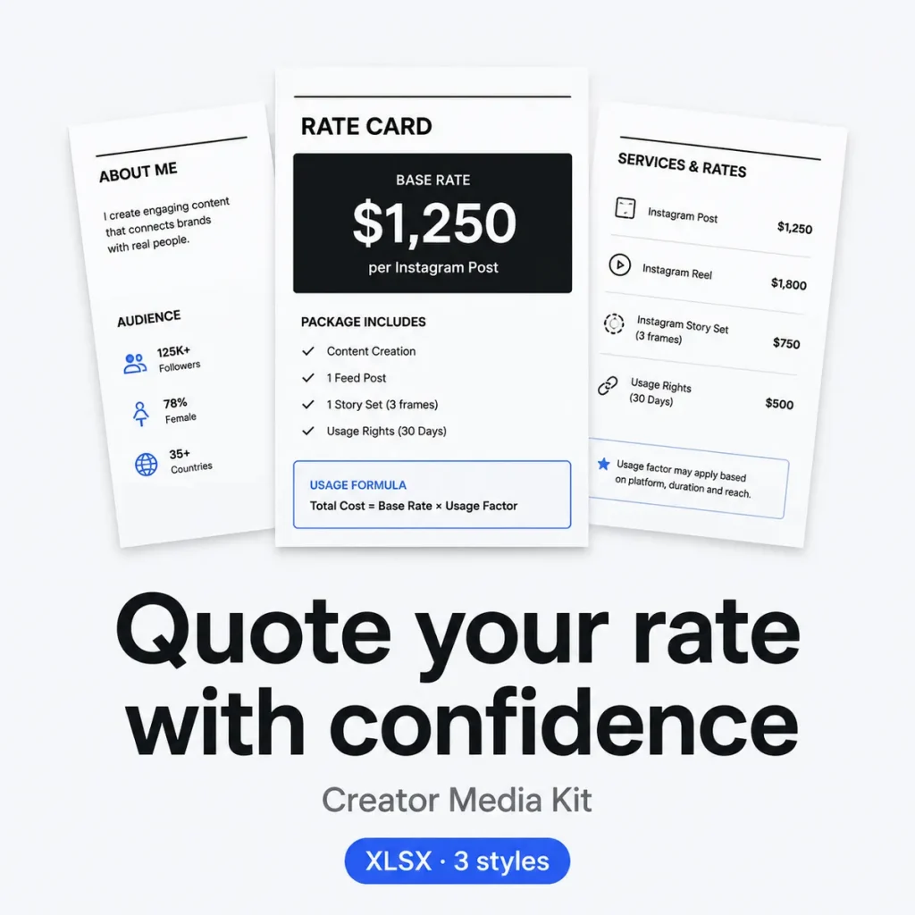 Creator Media Kit – media kit and rate calculator with 3 styles and brand CRM (XLSX)