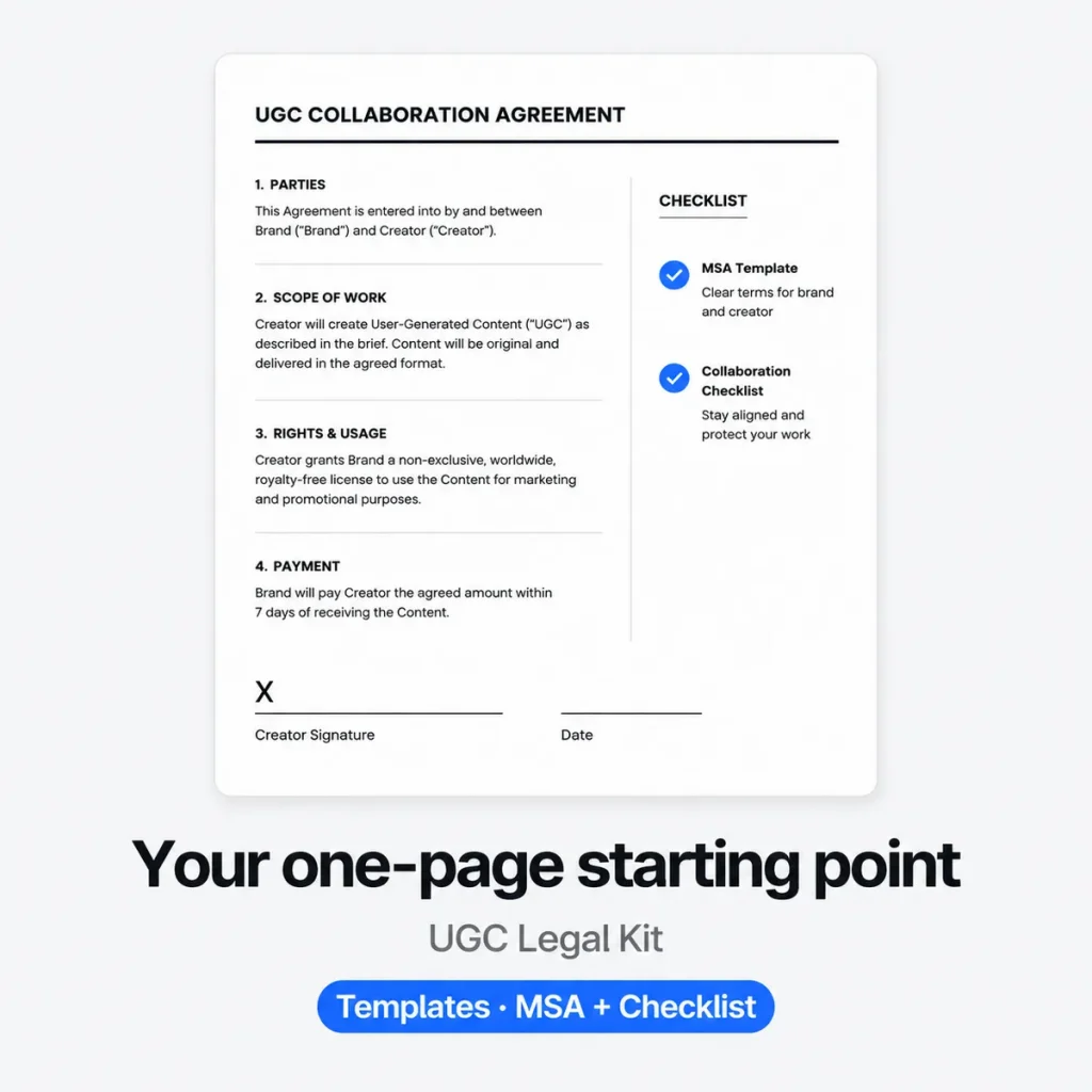 UGC Legal Kit – legal kit with a one-page MSA, rate card and pre-shoot checklist (Templates)
