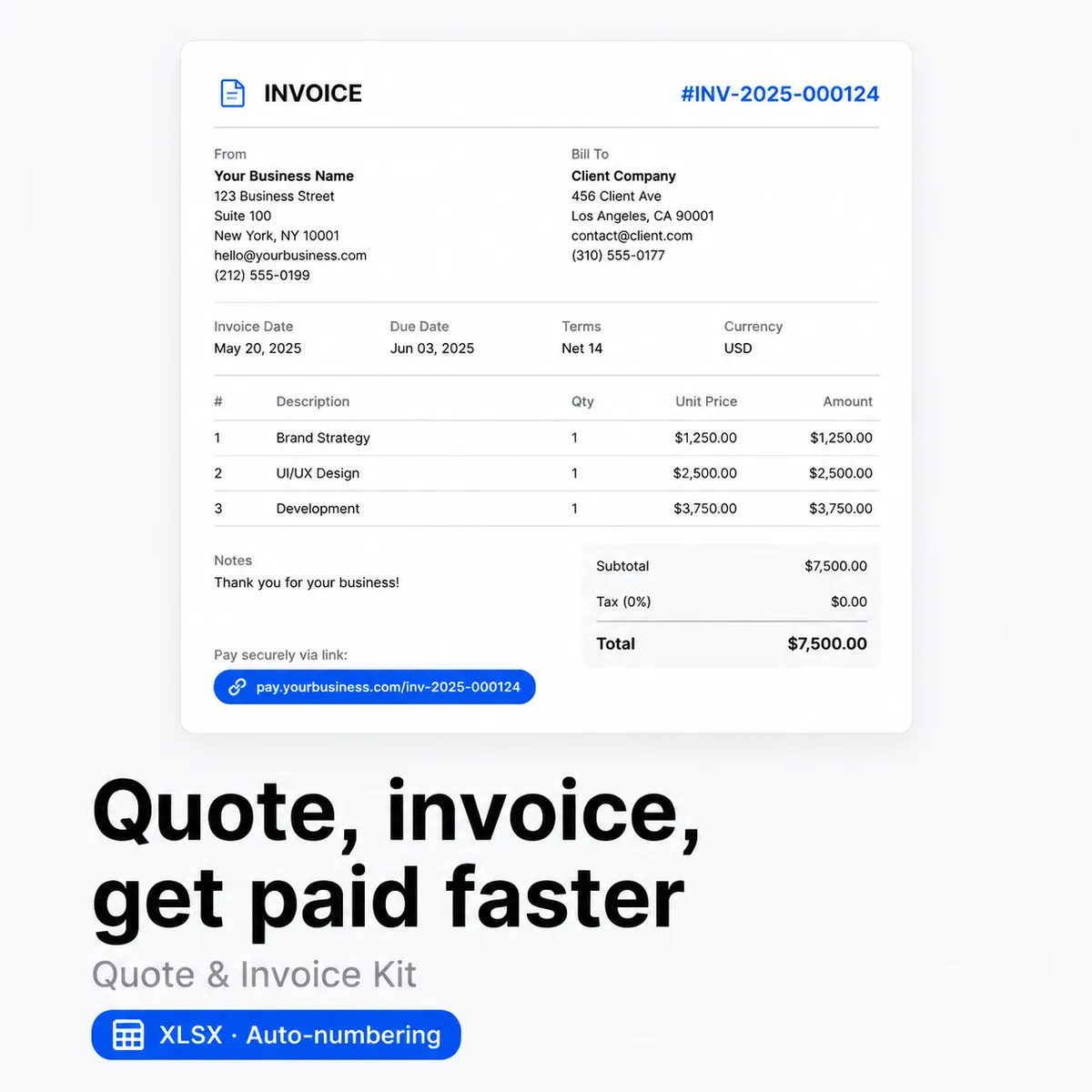 Quote & Invoice Kit – kit that auto-numbers quotes and invoices with tax and payment links (XLSX)