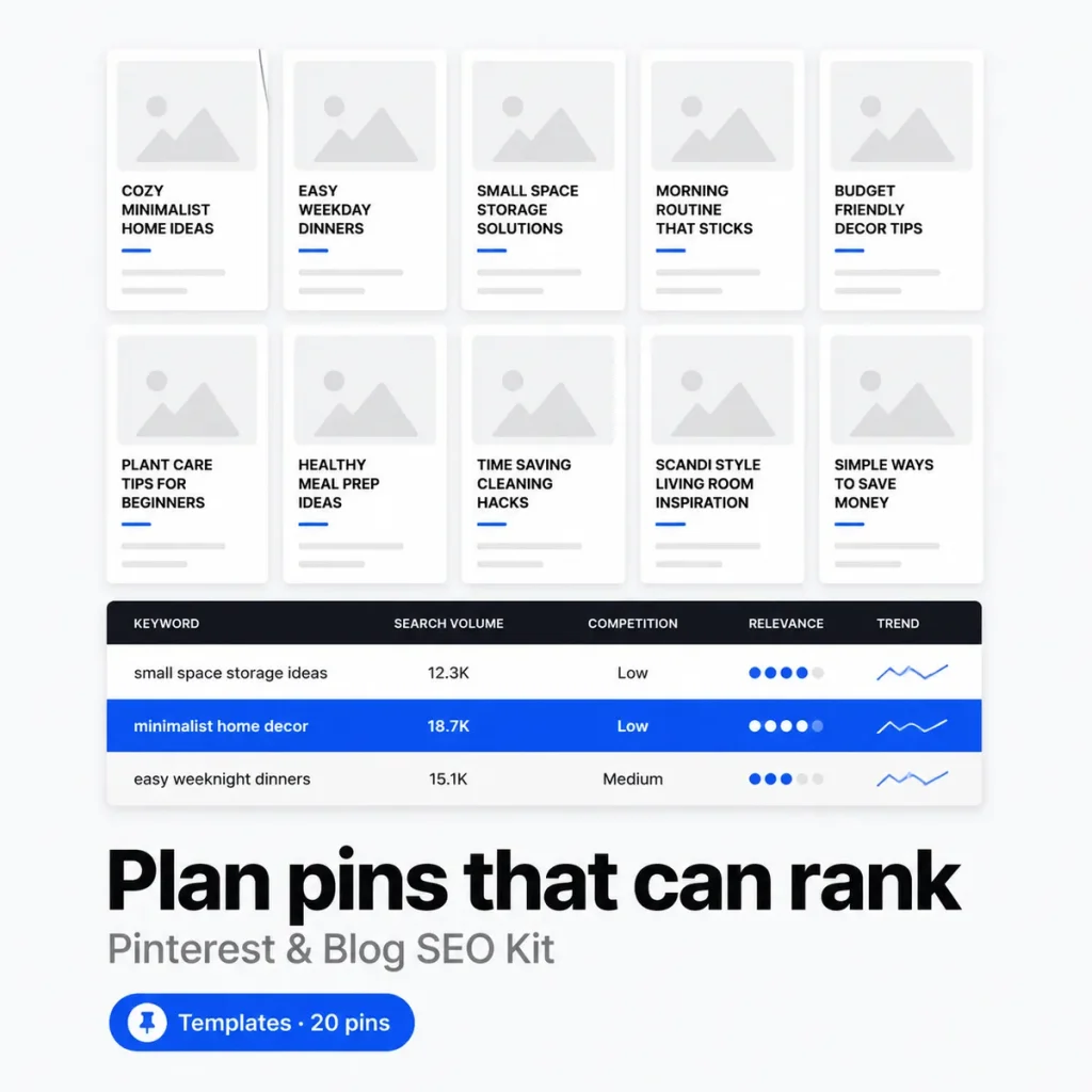 Pinterest & Blog SEO Kit – kit with 20 pin templates, blog outlines and a keyword tracker (Templates)
