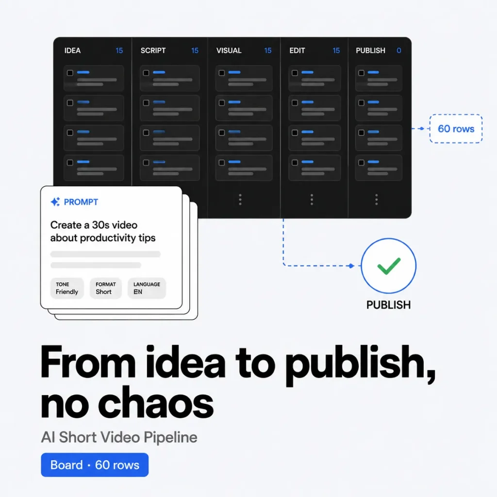 AI Short Video Pipeline – pipeline board with 60 rows, a prompt bank and a publish checklist (Board)