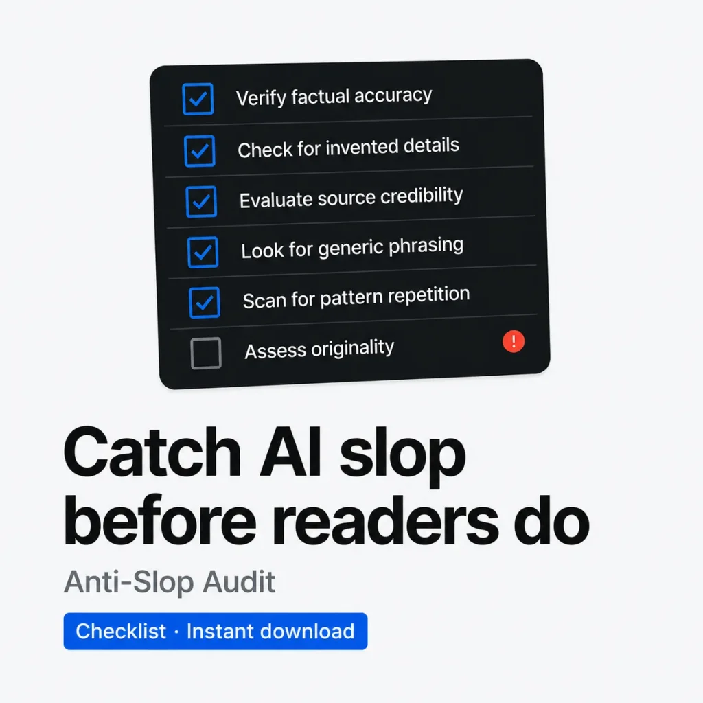 Anti-Slop Audit – checklist with a 40-item scorecard to catch AI writing patterns before you publish (Checklist)