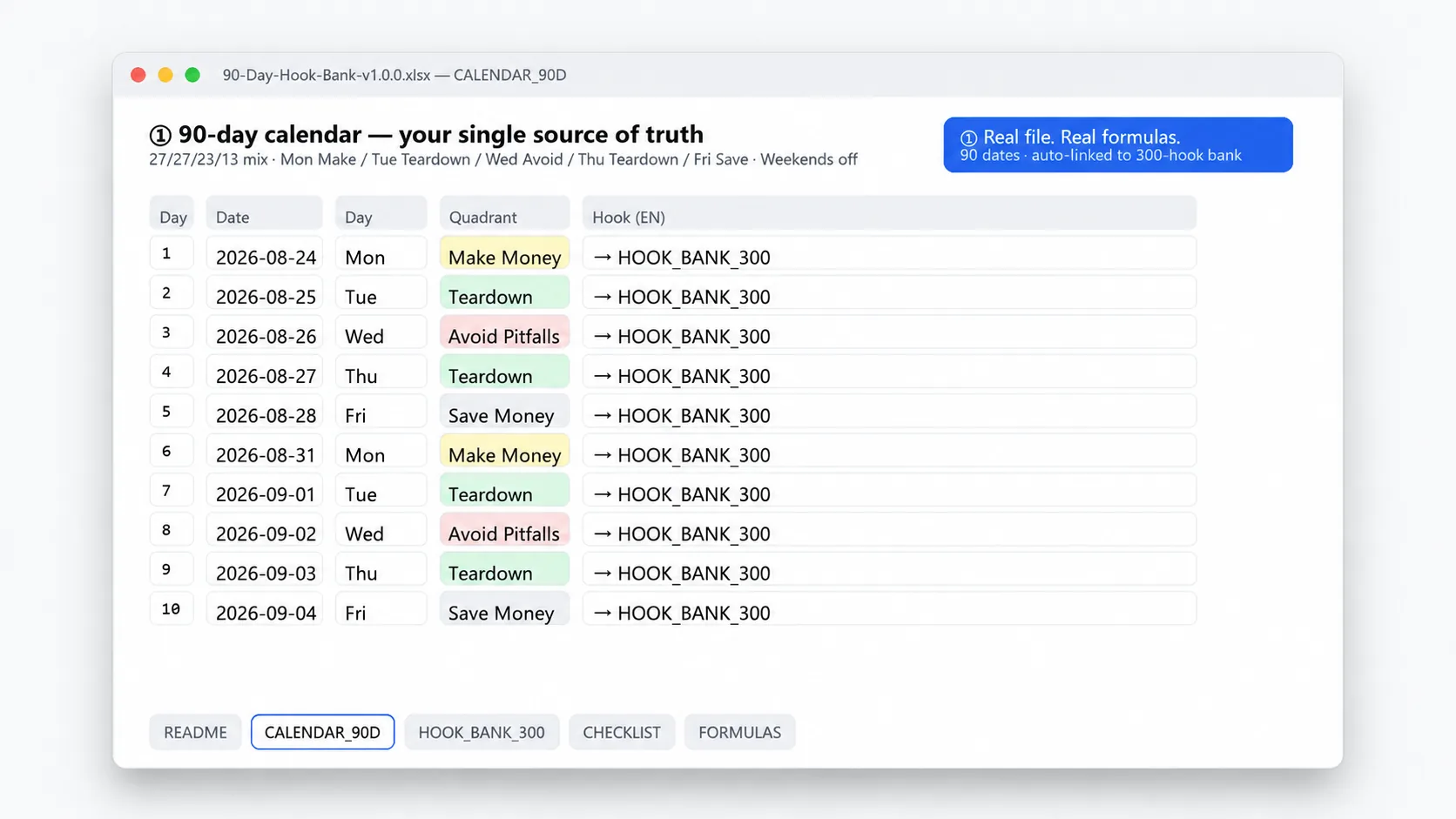 Inside the 90-Day Hook Bank — 90-day content calendar linked to 300 hooks