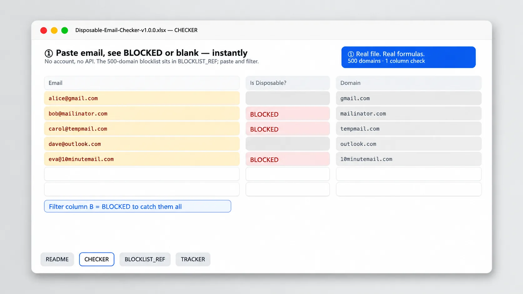 Inside the Disposable Email Blocker — checker with BLOCKED results and blocklist