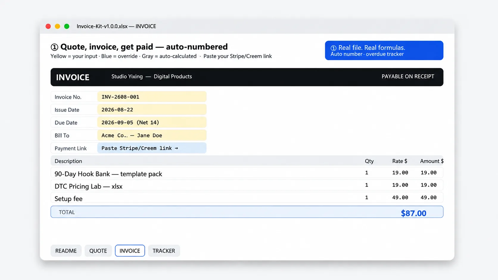 Inside the Quote, Invoice and Payment Kit — auto-numbered invoice and overdue tracker